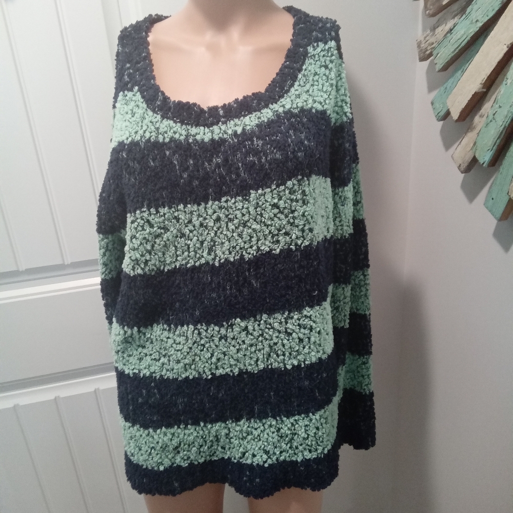 Arizona Jean Company Size XL Striped Navy and Mint Green Sweater